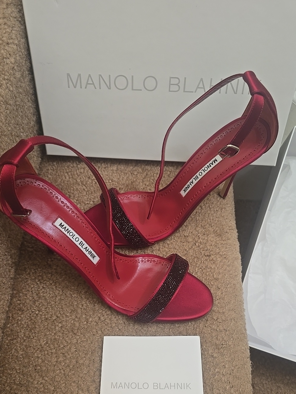 Manolo Blahnik Red Satin Crystal-Trim Ankle-Strap Heels